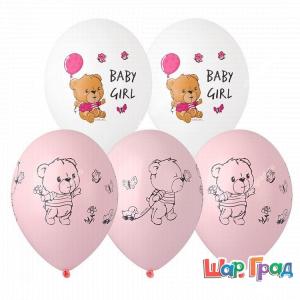 Латексные шары Baby girl, розовые и белые с рисунком