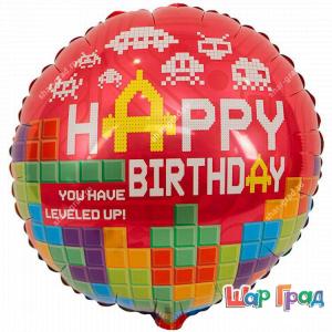 Фольгированный шар Круг Happy Birthday пиксели