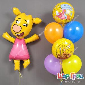 Фигура из фольги Оранжевая корова Зоя с фонтаном из шаров с рисунком