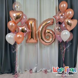 Фонтаны с шарами цвета розовое золото для девушки 16 лет