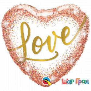 Шар белое сердце с глиттером розовое золото Love
