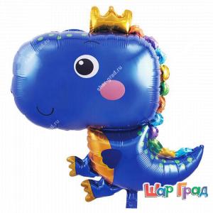 Фигура фольгированная, весёлый динозаврик в короне синий